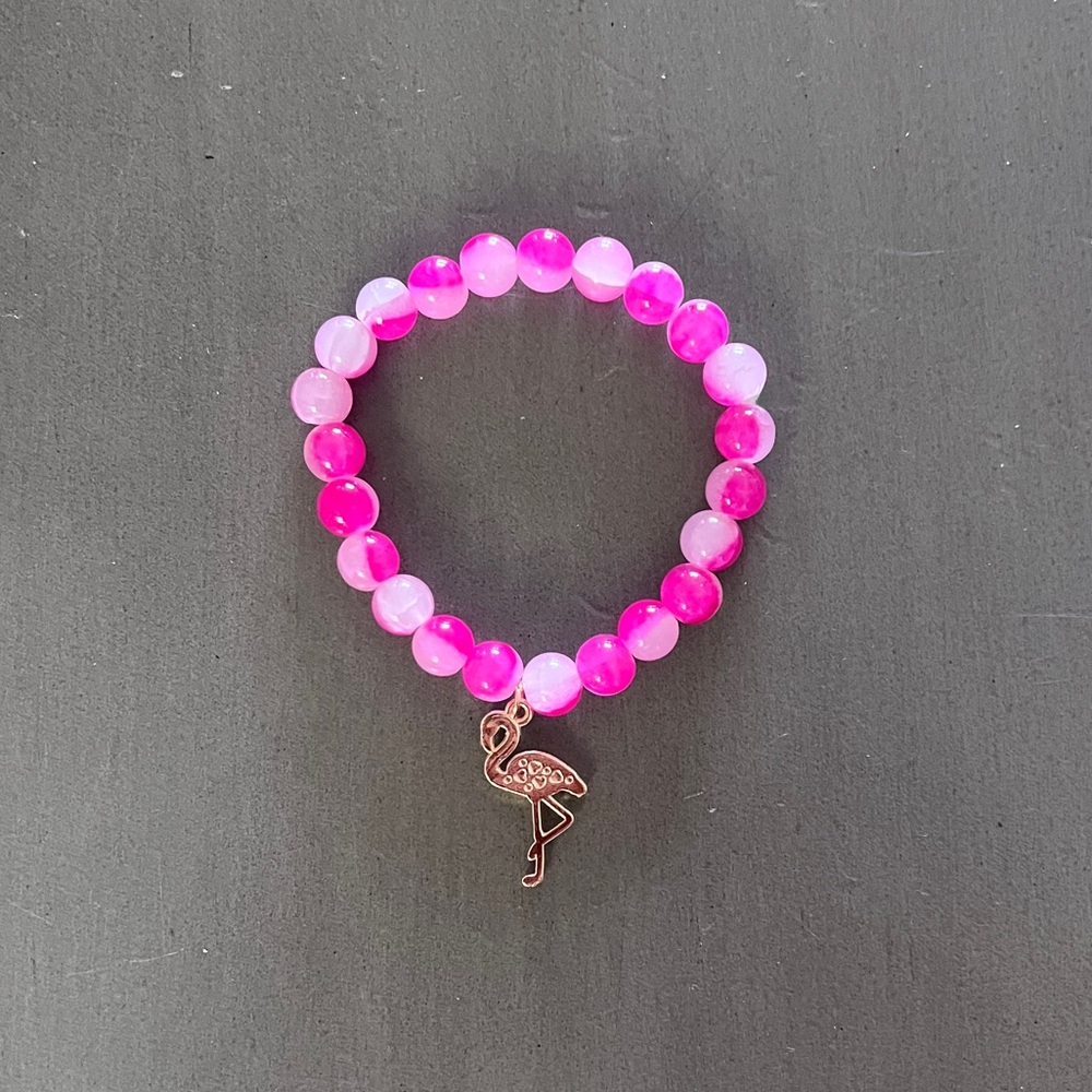 Flamingo Metal Enamel Charm Hot Light Pink Stone Bead Stretch Stackable Bracelet - Picture 2 of 3